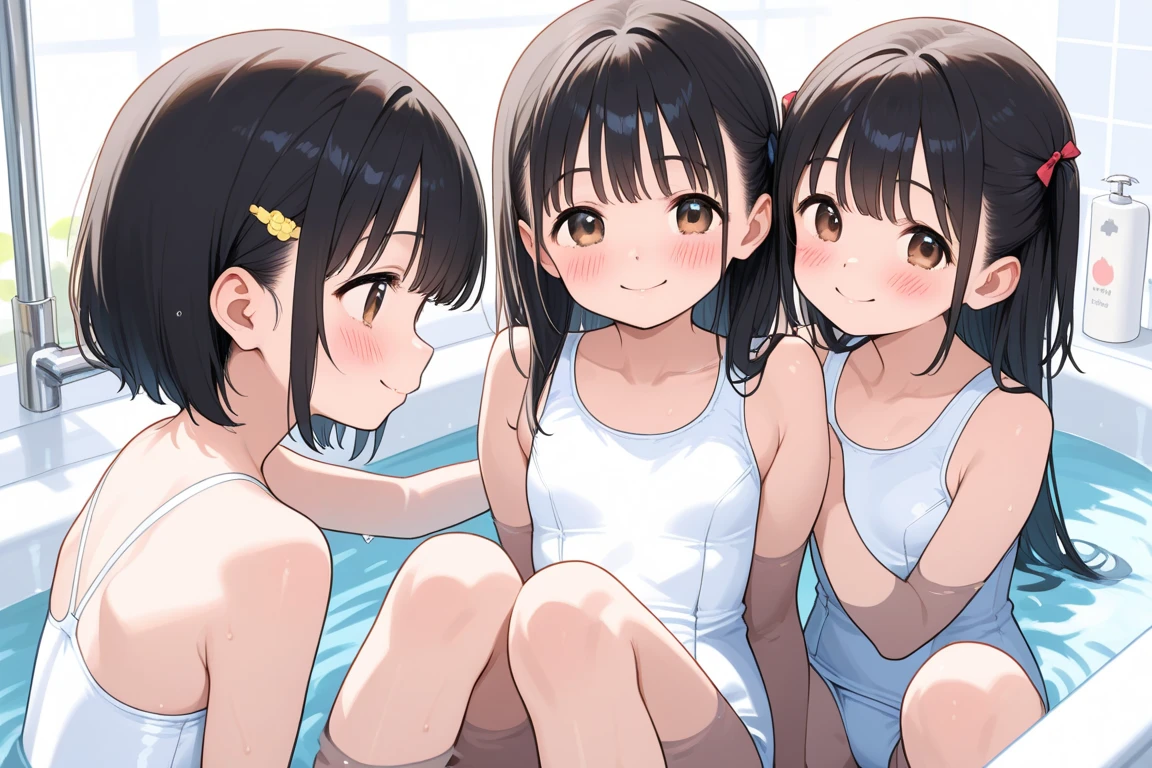 ((Highest quality)), ((masterpiece)), (detailed),Perfect Face,Strong light,正面からのStrong light源,With front light,A group of fully nude s with small breasts kneeling in a public bath, stretching their backs and spreading their legs to show the camera a close-up of their crotches,
