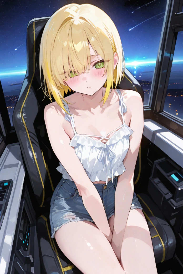 A blond young sexy woman with short hair and hot clothes sits on a seat in a spaceship and the window can show beautiful stars,futurama style