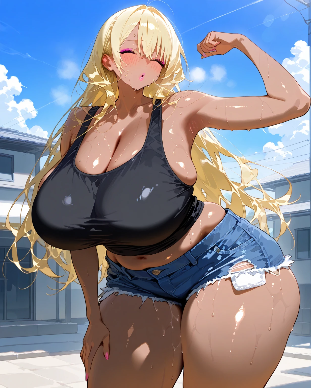 Very detailed、Highest quality、Best image quality、masterpiece、8K、Sparkling blue eyes、Anime Face、A kind smile、(Open your mouth)、(Blonde long hair)、(SFW Giant:1.5)、(Big Tits:1.7)、ckundies、Cowboy Shot、(Thong)、(highleg:1.8)、(SlightMuscle:1.5、Bulky、Bodybuilder、HyperMuscle)、(necklace)、(topless:1.8)、(NSFW)、 (panties:1.5)