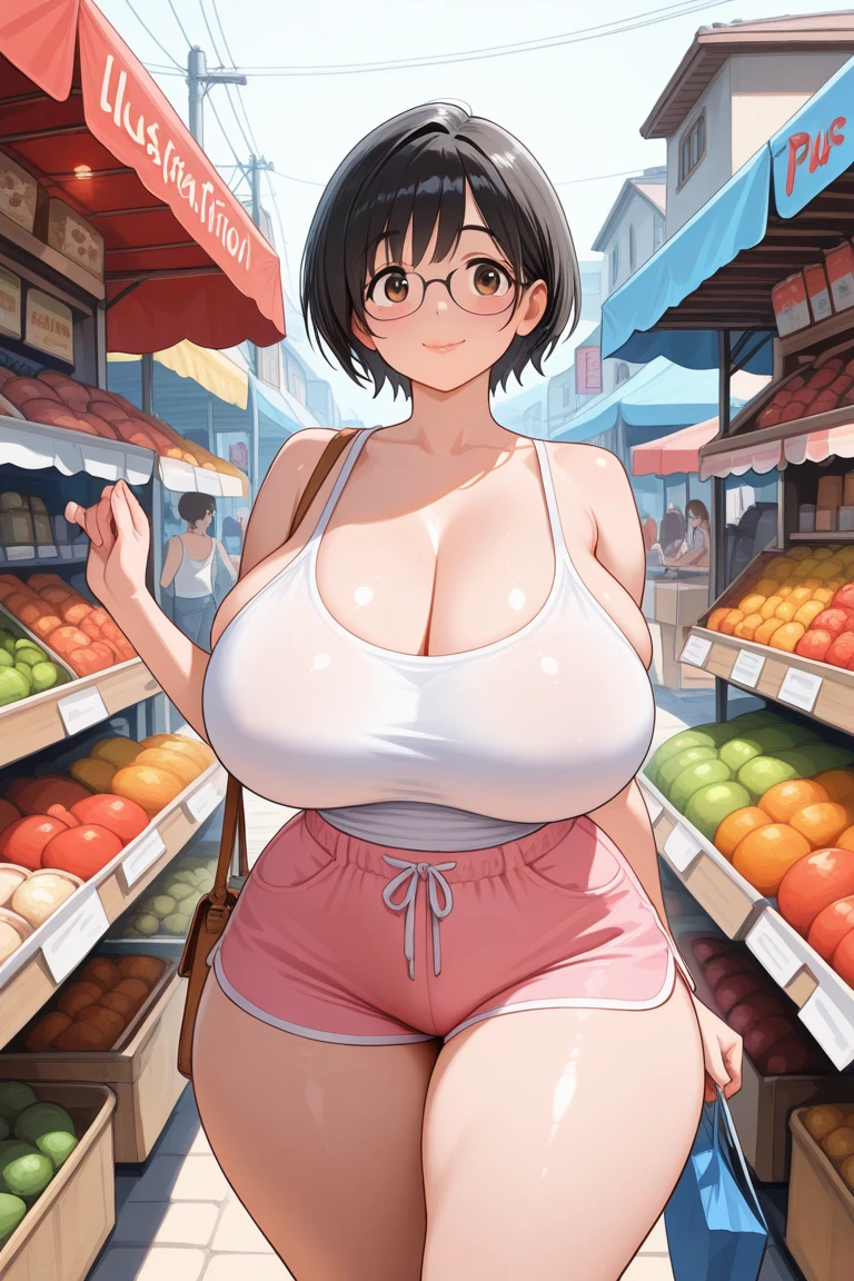 sexy woman, mature, milf, huge breasts, large breasts, curvy, voluptuous, completely nude, nude, pussy, nipples, black hair (straight bangs), brown eyes, tomboy pixie cut hairstyle, red lips, earrings, sweating, shiny skin, smile, standing, convenience store, indoors, night time