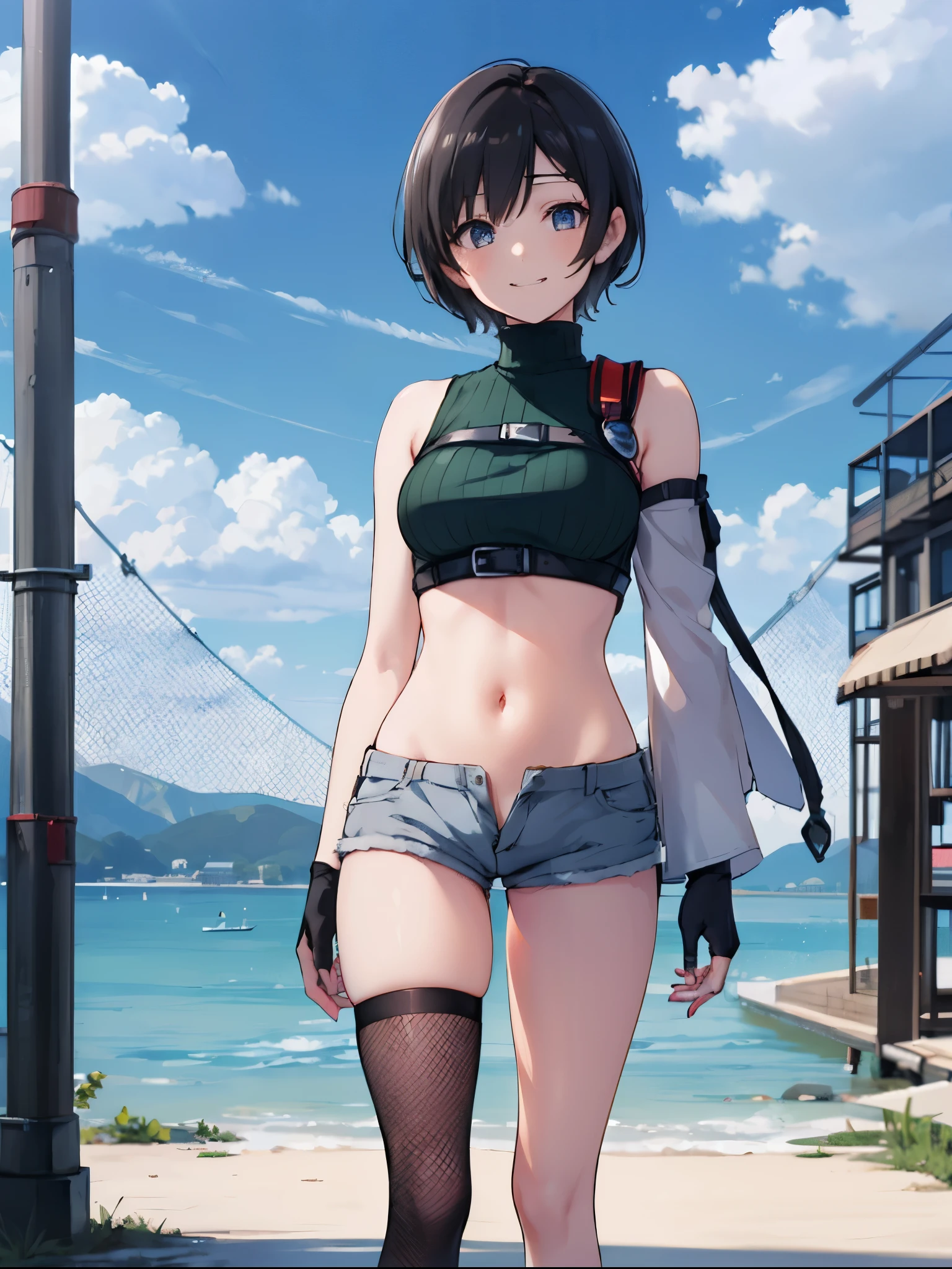 masterpiece, Highest quality, High resolution, Subaru Ozora, short hair, boyish, Big Breasts，large breasts and nipples，Big buttocks and thighs，Plump, clavicle,Bike Shorts（Small size,Half protruding），spats ，Turtleneck Tank Top（No sleeve，Belly button，）