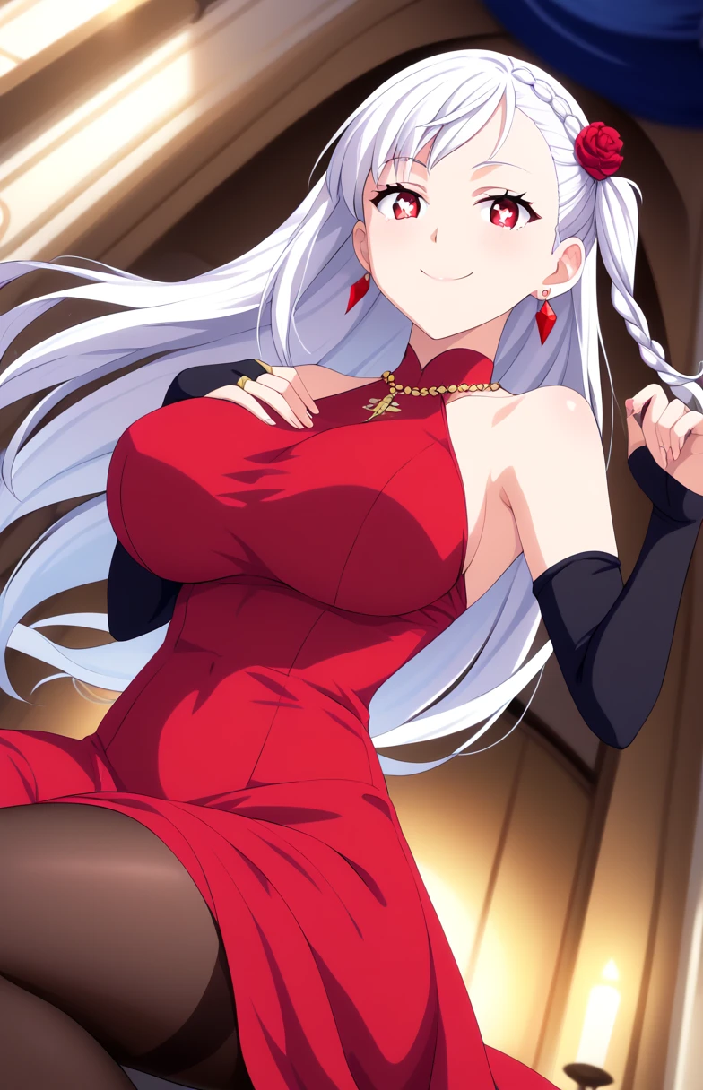 (big breasts:1.5),shiny,hair,((alone)),((masterpiece)),((highest quality)),perfect anatomy,slim waist,perfect image,8k uh,(detailed and beautiful eyes:1.5),highly detailed face,Are standing,(Upper body:1.1),(look ahead:1.1),back arm,Super detailed,disorganized,High resolution,(white blonde hair),(red eyes),indoor,前hair,hair between eyes,ribbed sweater,No sleeve,mini skirt,smile,semi-long hair,