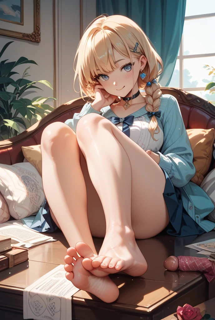 1girl, solo, long hair, blonde hair, shirt, sitting, closed mouth, barefoot, indoors, feet, lips, toes, soles, foreshortening, realistic, foot focus