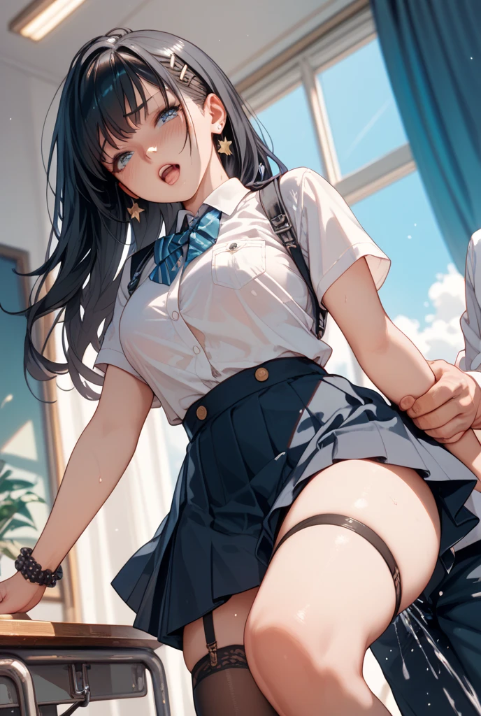 (((masterpiece, Highest quality, High resolution, 超High resolution, Perfect Pixel, Depth of written boundary, 4K, RTTX 10.0))), Beautiful Anime Woman, Beautiful art style, Anime characters, ((Smooth texture, Realistic texture, Anime CG Style)), Exact finger count、Exact number of legs、(Exact number of arms:1.0, Exact number of hands:1.0), (Perfect hands, Perfect Anatomy), Cinematic, Realistic, Extremely detailed CG, Daytime lighting, Perfect lighting, Best Shadow, The best natural light, whole body, Perfect body, バランのとれたPerfect body, Perfectly balanced style, (Slender body:1.2), ((Long Hair, bangs, Reddish brown hair, Stylish hairstyle)), ((One cute woman is straddling the crotch of a male student lying on his back., Cowgirl:1.8)), A male student with an accurate body lying on his back, (Inserting penis into vagina while wearing panties:1.5), (pussy juice:1.5), ((Sailor suit tops, Sailor collar, White shirt:1.3), (Sexy and cute white panties 1.3), (Stylish shiny white satin panties, Side-tie panties, Panties with plain white center and lace decoration on the sides:1.3), (Thin panties:1.3):1.3), (Beautiful big boobs:1.1), (Embarrassed expression:1.4), blush, (sexual pleasure expression:1.5), (The expression of someone who is holding in the toilet:1.4), (Look up, Half-close your eyes:1.4), (School classroom, Affair in the classroom, Sexual services in the classroom at the school festival:1.3), Angle from the front