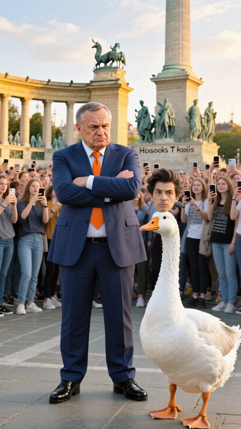 old man in white suit stands beside (((nude naked nude naked young white teen girl who has brunette bob hair and smile and wears a collar and hold a placard sign))) and has medium breast and nipple and pussy and earring and wristwatch and is waving and standing in a carpark, student in background, old man in black suit in background, old man in black suit in background, old man in black suit in background,