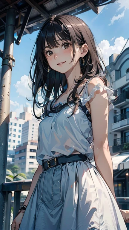 ((Top Quality, 8K, Masterpiece: 1.3)), Focus: 1.2, Perfect Body Beauty: 1.4, Ass: 1.2, ((Layered Haircut, Breasts: 1.2)), (Wet Clothes: 1.1), (Sunset, Street: 1.3), Bando Dress: 1.1, Highly Detailed Face and Skin Texture, Narrow Eyes, Double Eyelids, Whitening Skin, Long Hair, (Shut Up: 1.3), Smile