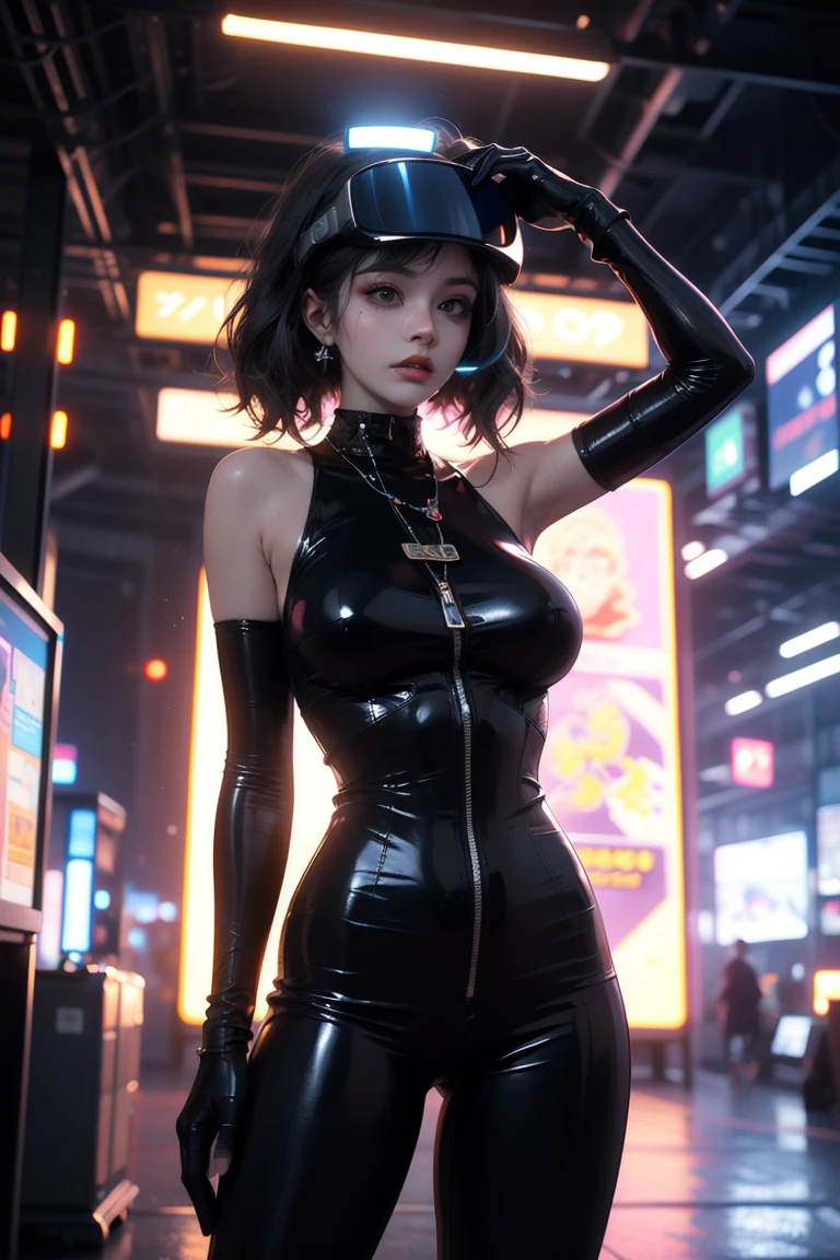 Witch girl. Sexy figure. Oval shaped face. Peach colored skin. (Eyes with downturned corners, close-set, honey-colored). The lips are big. Makeup in dark colors. (Shoulder-length hair, straight, green, bangs). Witch hat. Leather clothes. (Black cat robot).((Cyber Punk. Future world. Rain. At night. On top of a skyscraper)). detailed, scene, sci-fi.