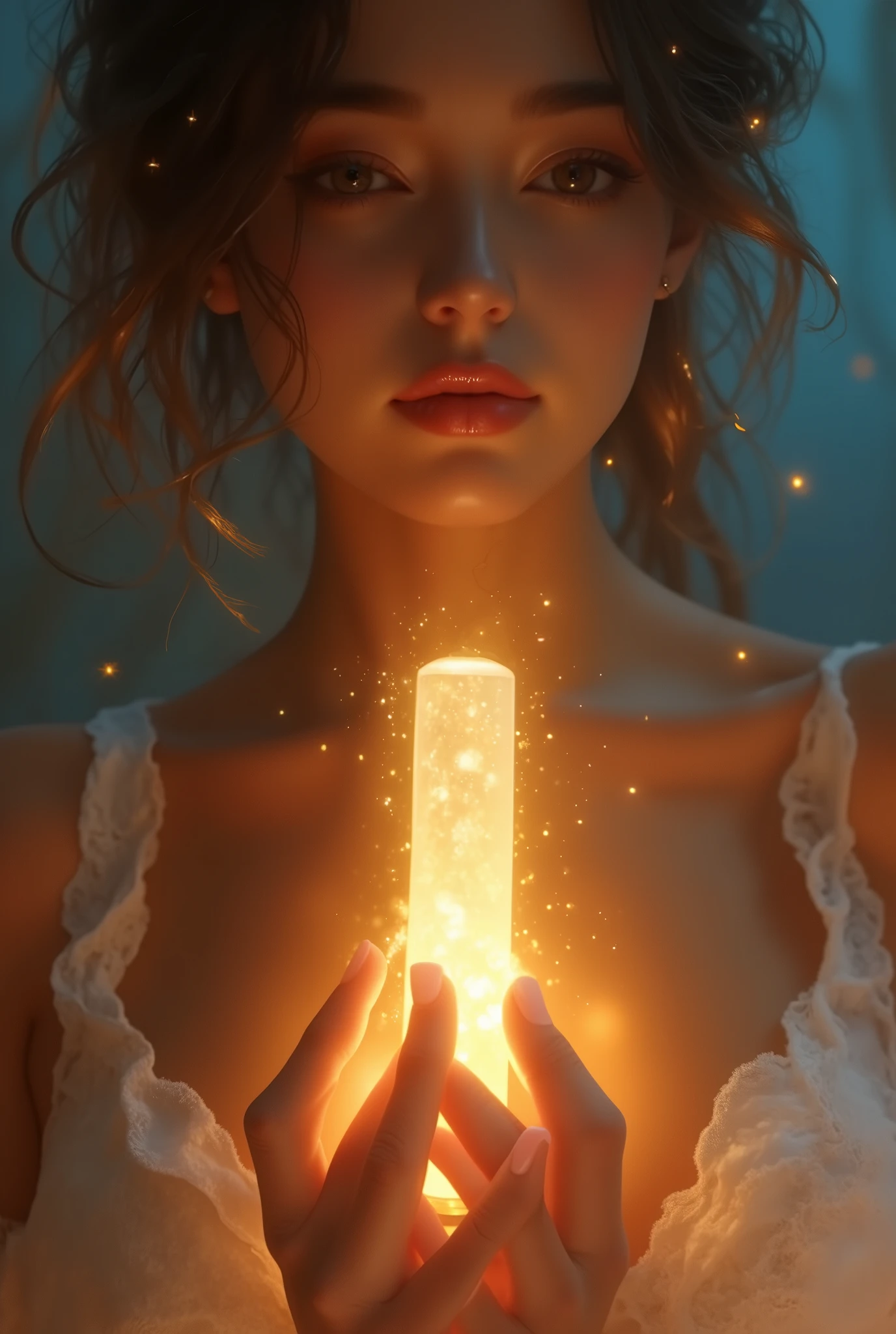 fantasy anime style, beautiful busty woman, only her own elegant hands stacked together, gently and sensually embracing a glowing cylindrical rod, 20 centimeters long and 5 centimeters in diameter, glowing intensely with pure radiant divine light, cylindrical shape softly blurred by the intense glow, rising upward from outside the bottom of the frame, extreme close-up on her elegant hands and glowing cylindrical rod, hands are the main focus, background softly blurred showing busty woman smiling gracefully, cleavage visible, ethereal divine atmosphere, cinematic fantasy lighting, ultra detailed and expressive, elegant and symbolic erotic composition --v 5 --ar 16:9