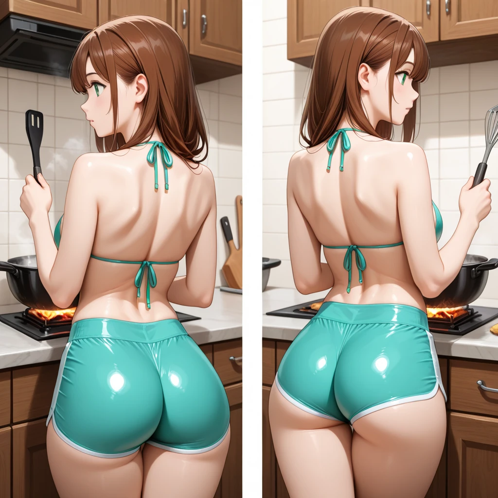 (((masterpiece, Highest quality, High resolution, 超High resolution, Perfect Pixel, Depth of written boundary, 4K, RTTX 10.0))), Beautiful Anime Woman, Beautiful art style, Anime characters, ((Smooth texture, Realistic texture, Anime CG Style)), Exact finger count、Exact number of legs、(Exact number of arms:1.0, Exact number of hands:1.0), (Perfect hands, Perfect Anatomy), Cinematic, Realistic, Extremely detailed CG, Daytime lighting, Perfect lighting, Best Shadow, The best natural light, whole body, Perfect body, バランのとれたPerfect body, Perfectly balanced style, Slender body, ((Long Hair, bangs, Reddish brown hair, ponytail)), ((Back view of a cute adult woman cooking:1.8)), (pussy juice:1.5), ((Bow tie around neck:1.3), (Sexy and cute white underwear:1.3), (Stylish shiny white satin panties, Side-tieFullback panties, Fullback panties:1.3), (Thin panties:1.3), (White micro lace satin bra, White bra with lace trim, Thin bra:1.3), (garter belt, Garter Strings, Knee socks:1.3):1.3), (Stylish kitchen, In the middle of cooking, Dishes lined up in the kitchen:1.5), naked, In underwear, (Frilly maid-like headband:1.2), Angle from directly behind, Fullback pantiesをはいた尻をクローズアップしたアングル