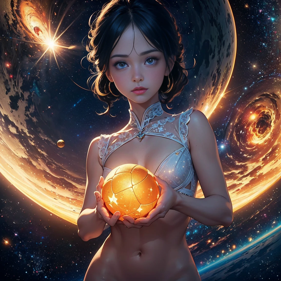 "Girl from the stars, (shimmering fur), celestial antennae, shell of wonder, planetary dreamscape, (cosmic enchantment), surreal artistry, vibrant and alien palette"