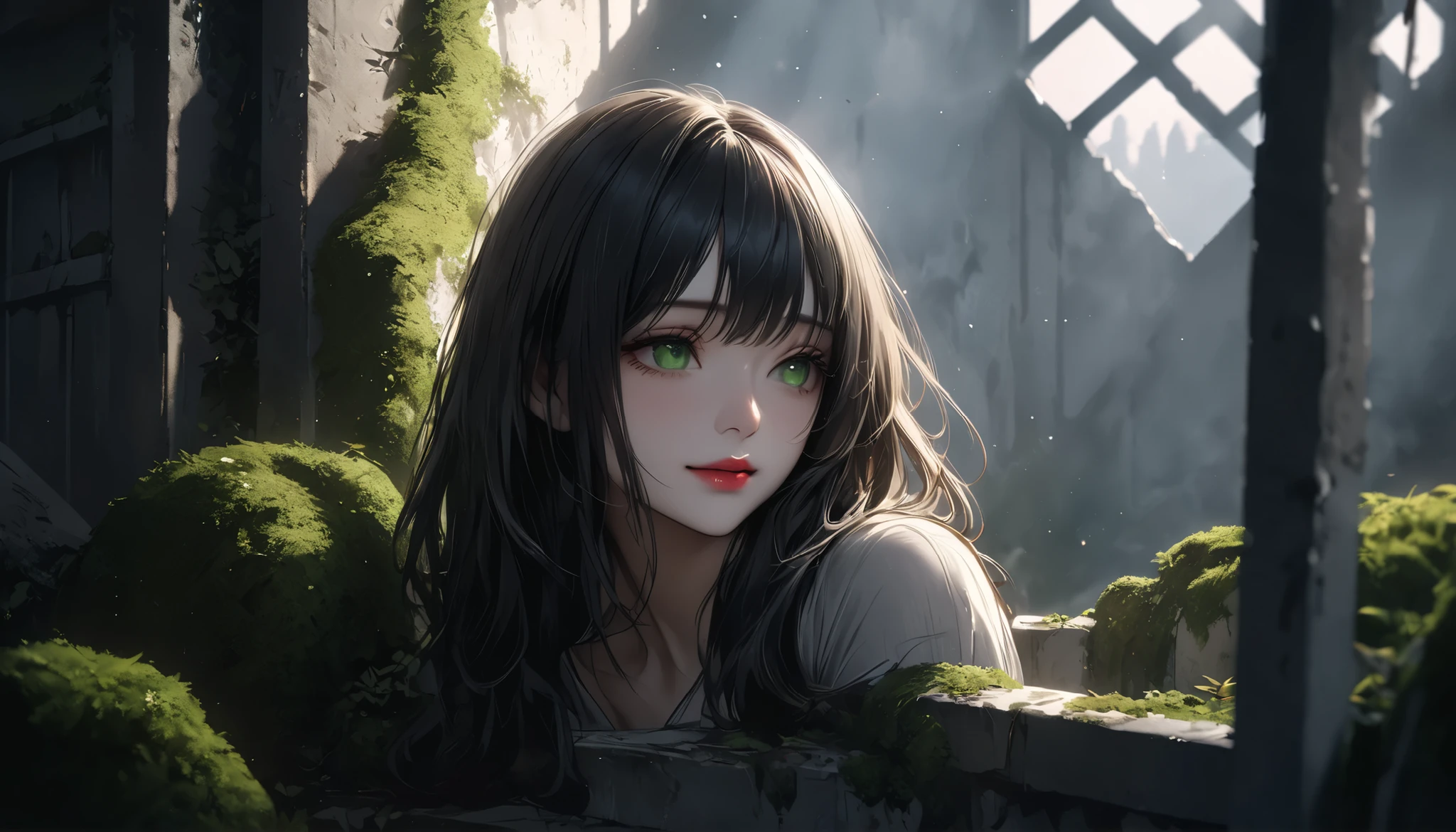 dark部屋に座る若い女性, concrete prison, only light shining through a small window, Lattice window in a high position, Beautifully detailed moss green eyes, sad expression、black hair、sorrow、beautiful detailed lips, very detailed face, long eyelashes on their left hand, natural yet melancholic smile, 1 girl, solo, There is no barrier between the viewer and the subject, Chiaroscuro lighting, dramatic, dark, Movie-like, high contrast, Sulky, 1 Person in the Atmosphere , (Highest Quality,4K,8k,high resolution,masterpiece:1.2),ultra detail,(realistic,photorealistic,photo-realistic),dramatic lighting,Movie-like composition,melancholic,Emotional,Powerful,Impactful