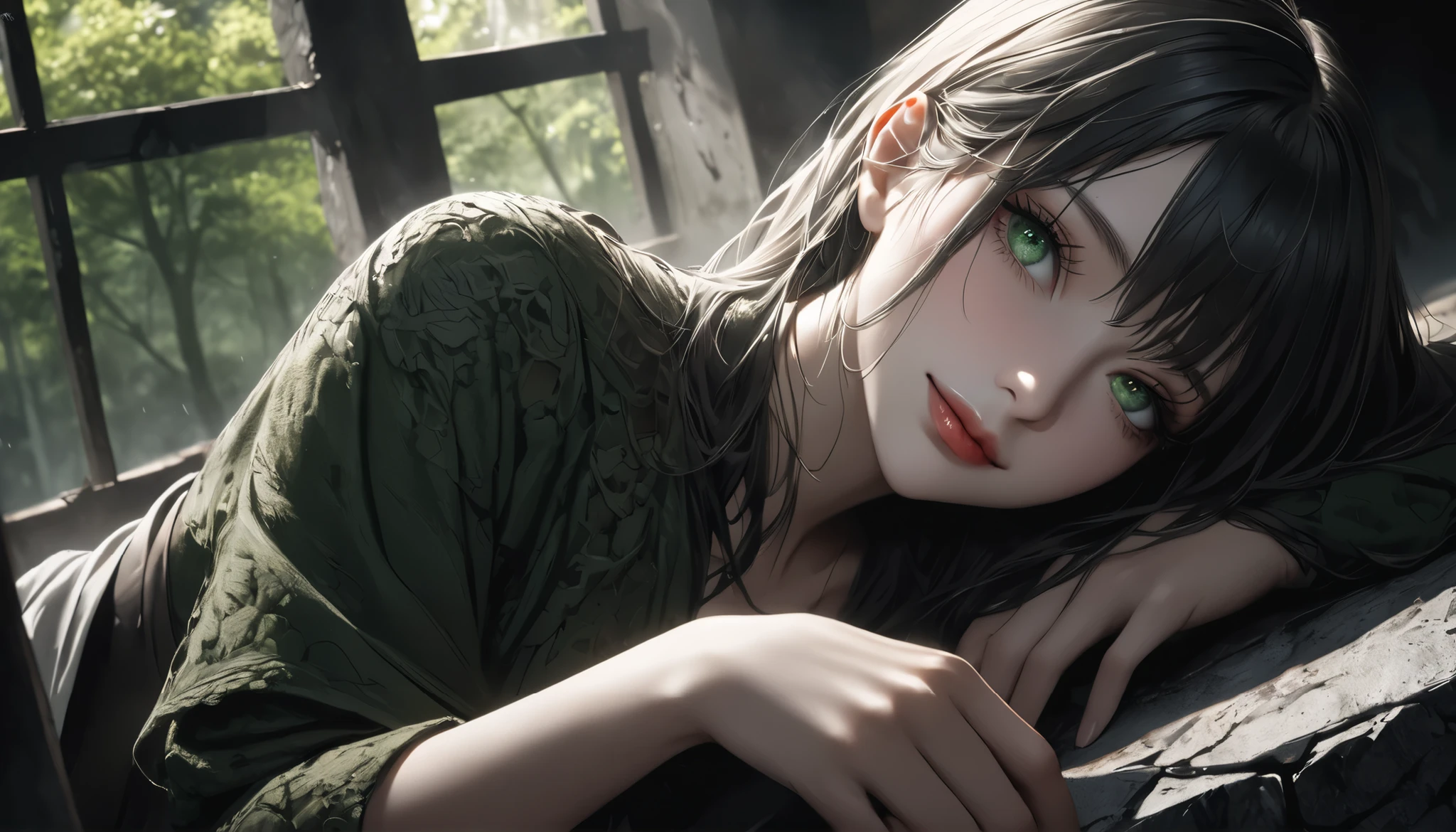 dark部屋に座る若い女性, concrete prison, Only light shining through a small window, Lattice window in a high position, Beautifully detailed moss green eyes, beautiful detailed lips, very detailed face, long eyelashes on their left hand, natural yet melancholic smile, 1 girl, solo, There is no barrier between the viewer and the subject, Chiaroscuro lighting, dramatic, dark, Movie-like, high contrast, Sulky, 1 Person in the Atmosphere , (Highest Quality,4K,8k,high resolution,masterpiece:1.2),ultra detail,(realistic,photorealistic,photo-realistic),dramatic lighting,Movie-like composition,melancholic,Emotional,Powerful,Impactful
