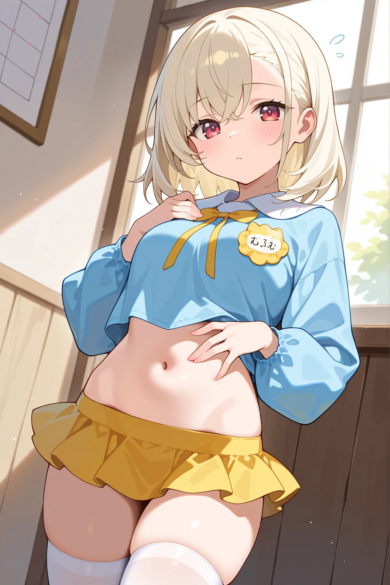 , Blue eyes,Short cut wavy hair, Sweating, Blonde hair breast size d, Big hips, Black , lifting her skirt, blushing