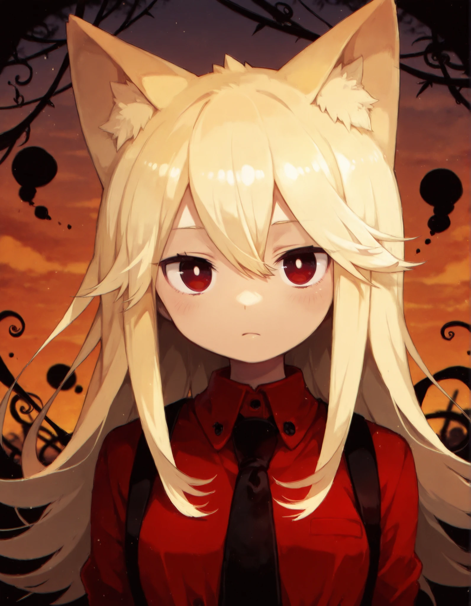 masterpiece, best quality, very aesthetic, 1girl,, solo,  Moge-ko, Moge-ko girl, long hair, blonde hair, red eyes, animal ears,  cat_ears, red shirt, black silk tie,, evening, darkness,  looking at viewer, 