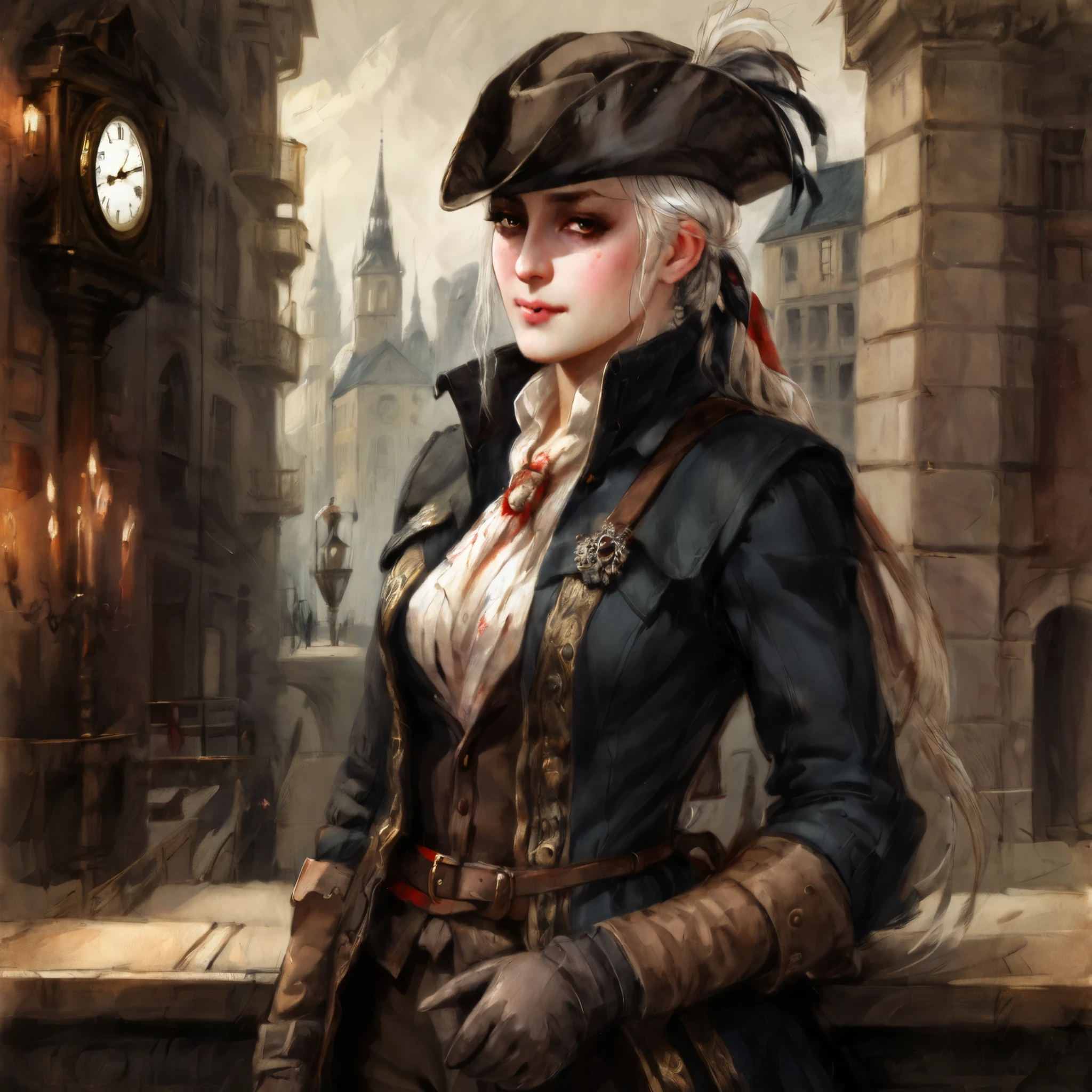 dvnc LadyMaria, white hair, medium hair, ponytail, hair ribbon, looking at viewer, pale skin, colored skin, white skin, outfit_1, tricorne, hat feather, long coat, waistcoat, ascot, blood on clothes, brooch, gem, brown gloves, belt, brown pants, knee boots, cloak, outside a clock to