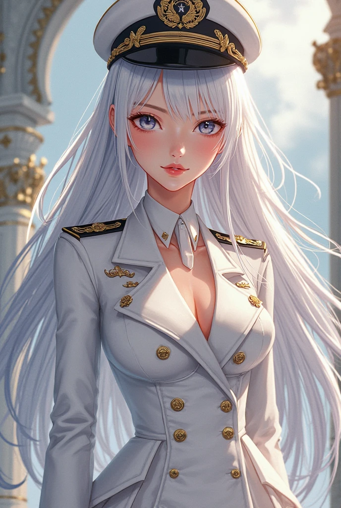 Kitagawa Marin, black lobelia, long hair, white hair, blue eyes, (red eyes:1.2), gloves, hat, dress, cleavage, jewelry, jacket, open clothes, choker, black gloves, military, black headwear, (heterochromia:1.5), black choker, peaked cap, epaulettes, military hat, garden, At night, sit on a bench, 見つめるeye, beautiful skin, shiny skin, perfect fingers, five fingers, anatomically correct, background bokeh, high quality, surreal, bright colors, ((very detailed, photo shoot)), perfect lighting,HDR, ultra resolution , very detailed, masterpiece, ultra quality, 4K HD
