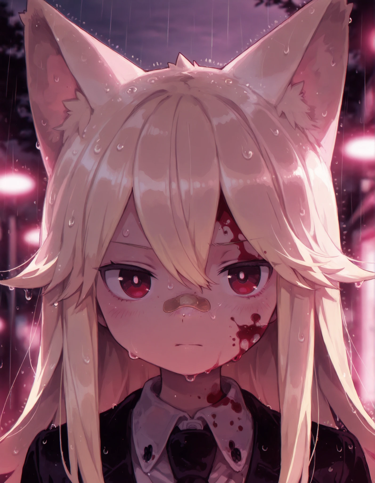 masterpiece, best quality, very aesthetic, 1girl,, solo, Moge-ko,Moge-ko girl,long hair,blonde hair,red eyes,animal ears,portrait,bandaid on nose,blurry background,pink lighting,night,dark,pink theme,blood on face,rain,
