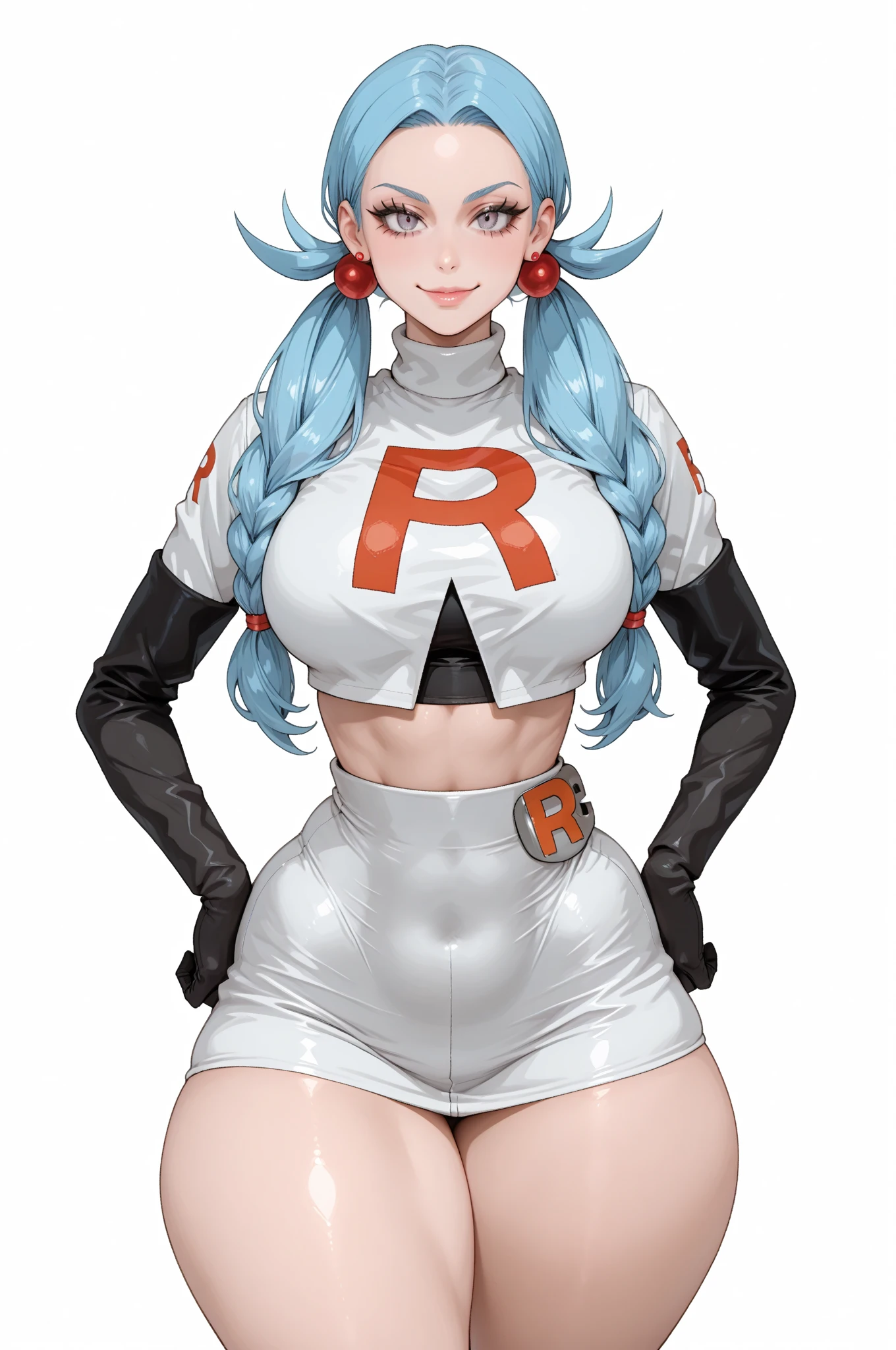 ((Biologically correct number of limbs))、(( Full body photo including face))、4K、((standing position))、masterpiece、((focus on the face))、((Symmetrical facial features))、Eyes with detailed description、Beautiful woman、outstanding style、beautiful arms、beautiful legs、beautiful hands、(big breast,medium ass、thin thighs)、leaning towards, Detailed depiction of faces、small earrings、necklace、(White Latex Uniform、red latex skirt、high heels、stockings)、close up of face、smile、The background is the park in the morning、beret、blue-silver hair、blue eyes、