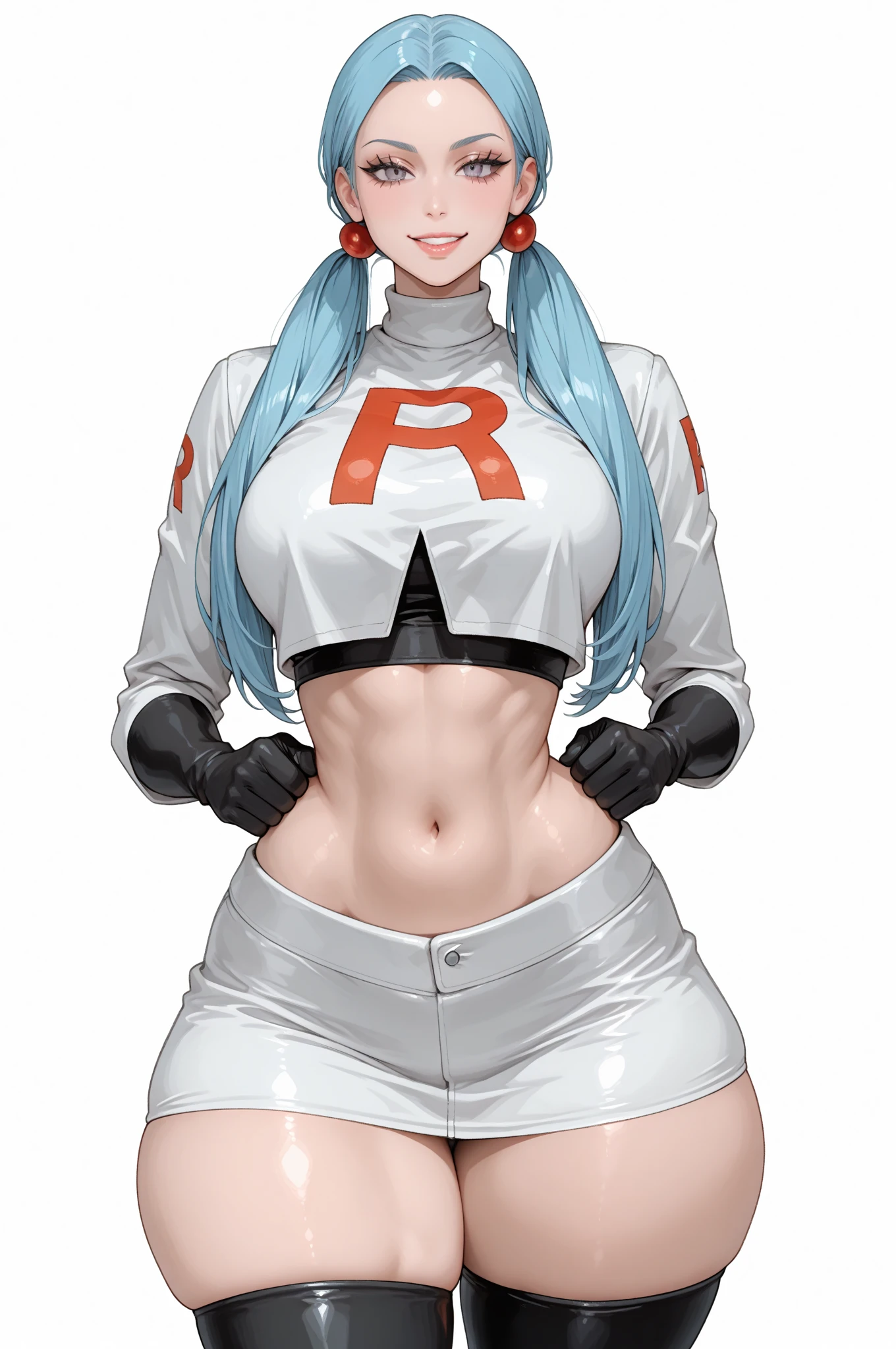 Generate an illustration of a mature whitney, gym leader of pokemon, (white button up shirt), hd, holding a poke all, de terno preto, redpink hair, (gigantic breasts:1.4), white shorts, outfit in anime format with a serious style, bellybutton, sneakers, midriff, make up, masterpiece, dark lighting, black background, puffy lips,(slendered abeautiful face,