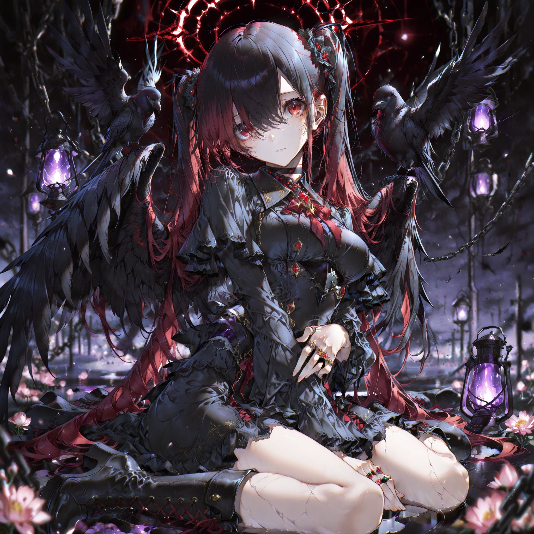 1girl, Kuroki Monika, black hair, red hair, very long hair, hair over right eye, red eyes, large breasts, (petite but curvy, very cute), Fallen angel, black dress, lace, big black wings, choker, flower, chain, Cracked angel halo, Lace-up boots, purple glowing lantern, dark,sitting, wariza,yoneyama mai,, yoneyama mai,solo, looking at viewer, blurry,chromatic aberration,portrait,Hitoimim,black angel ring,black angel ring, four wings,twintails, crow, Puddle, constellations reflected in water