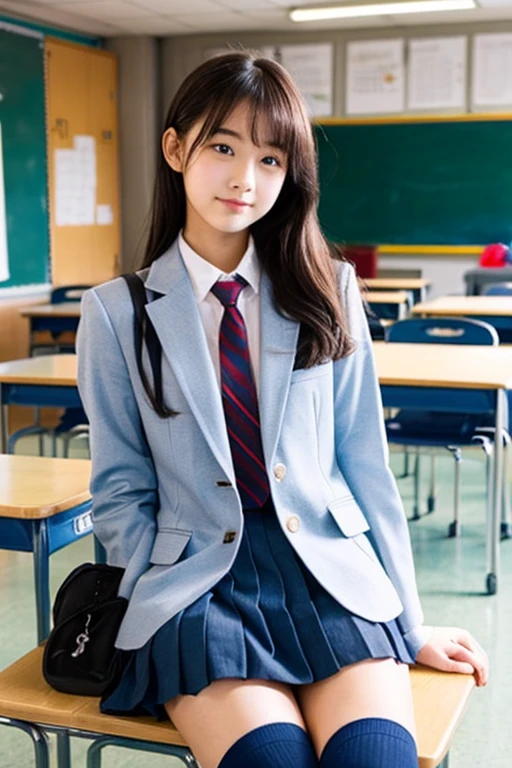 8k, highest quality, The true picture, Intricate details, Very detailed, Ultra-high resolution, Depth Field,(Realistic,Realistic:1.2), From the side, 1 Japanese girl, Very beautiful 17 year old girl, Big eyes, Beautiful breasts:1.5、Very detailedな目:1.2), (Beautiful breasts:1.1), (Small breasts), Wavy Hair、Curly Hair、bangs, Perfect Skin, Fair skin, (Big Hips:1.3), (Thick thighs:1.3), (Thick legs:1.3), Tight waist, Slightly reddish, alone, Looking at the audience, (smile:1.1), ((School_uniform),(Dark Blue Blazer), (White shirt、Wear a tie), (Grey pleated skirt), (Sculptural installation :1.1), break, (During class:1.2), in a high school classroom, taking a seat