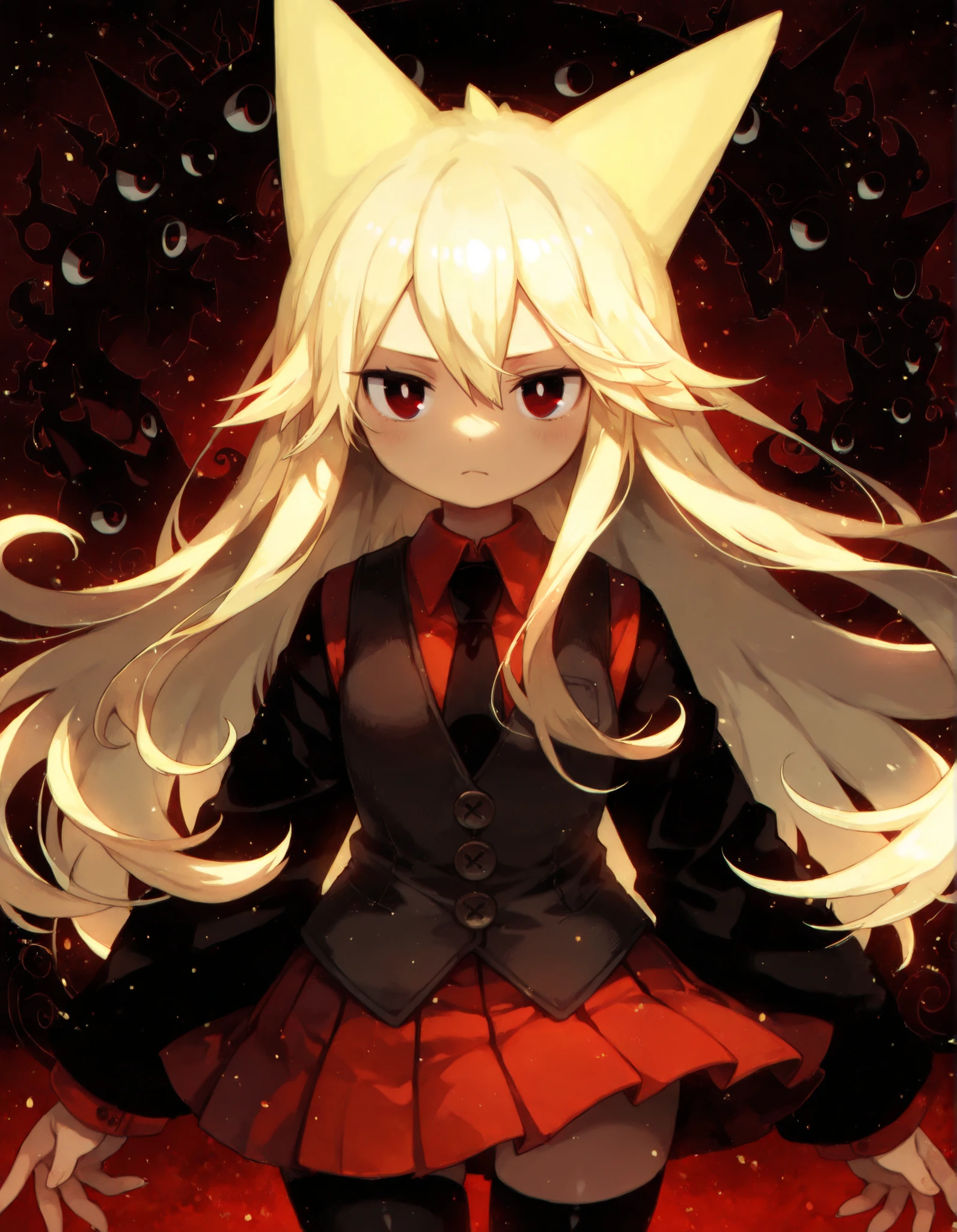 masterpiece, best quality, very aesthetic, 1girl,, solo, Moge-ko,Moge-ko from Mogeko castle,Moge-ko girl,long hair,blonde hair,red eyes,long black sleeves,animal ears,cowboy shot,pleated skirt,vest,red skirt,black necktie,long black stockings,detailed eyes,