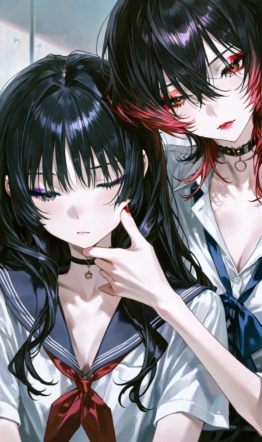 A woman with short curly brown hair, black eyes, wearing a dark red suit and white boots, introverted expression