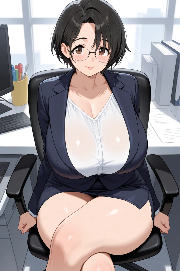NTR Man, masterpiece, highest quality, ((1 girl、solo)), mature woman, (heavy body)、from below、office、sit on a chair、spread your legs wide,secretary's black outfit:1.5、black jacket、black pencil skirt、red panties、glasses:1.4, black hair、short hair, black eye , anger, ((close,)) ,, angry look, ((flushed)),embarrassing、Sweat、vapor、office、document、monitor