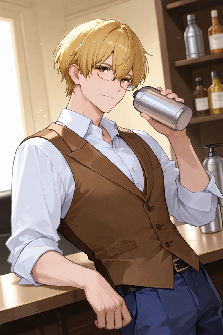 upper body、
shiny skin、masterpiece、Highest quality、
BREAK (25-year-old male:1.5) and (Blonde short hair) and (Brown eyes)BREAK、Black long sleeve shirt、
(evil smile:1.3)、Are standing、The background is the interior of a restaurant at night.、(alone:1.5)