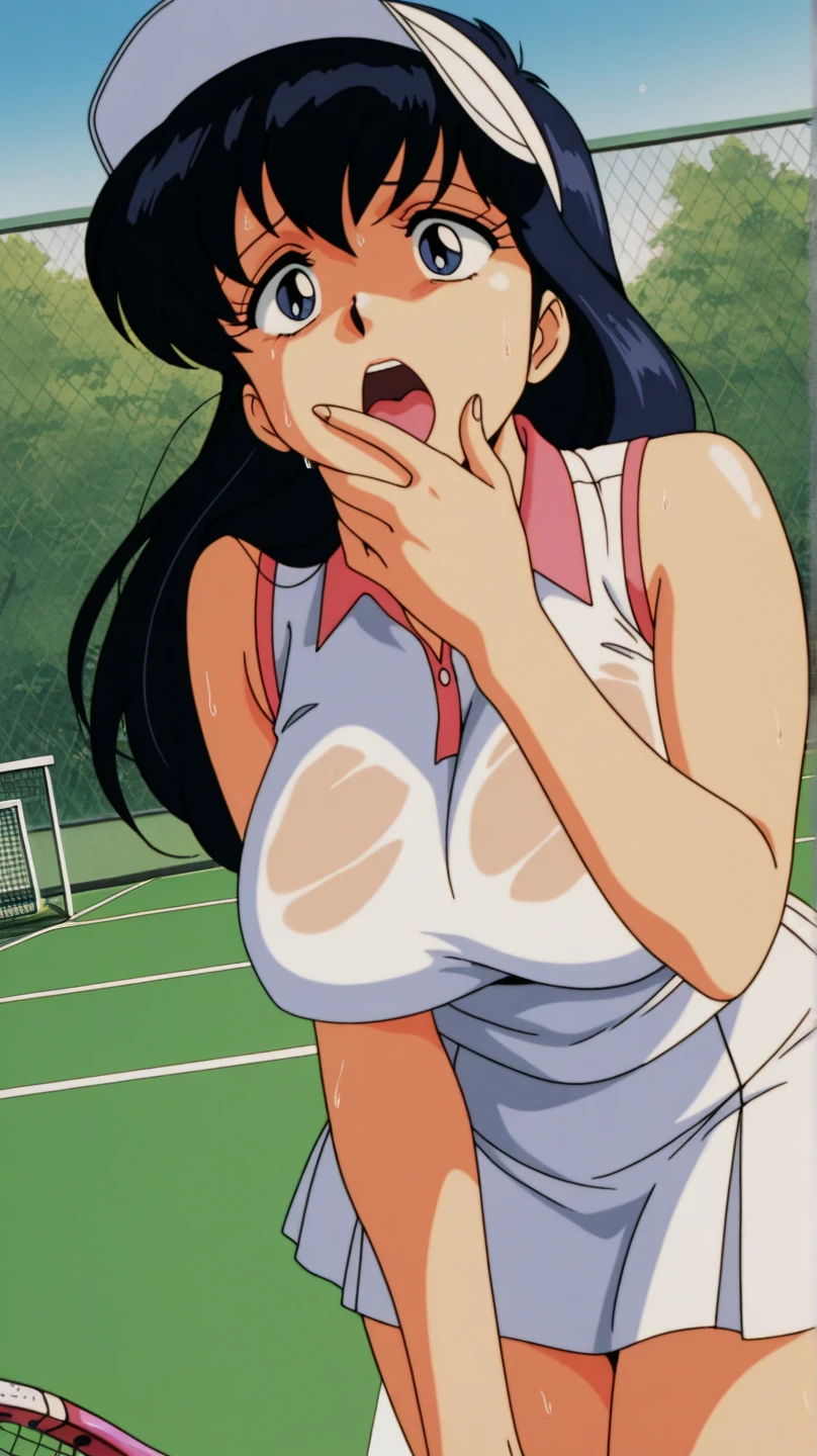 NSFW, masterpiece, (best quality: 1.2), long hair, blue eyes, green hair, big breasts, evil_smile, sexy, ((red lipstick, fishnet stocking, White clothes)), ((tennis player)), ((cum shot: 1.5)),