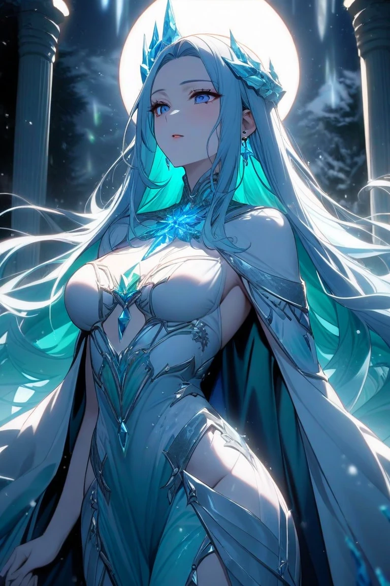 A beautiful dark-skinned woman (full body portrait), long wavy silver-white hair, (detailed blue eyes), (beautiful detailed face),( simmetric face) pointed ears with silver earrings, (perfect attractive body)(large breasts), (wide hips), (thick thighs) wearing a (high-collared) low-cut dress (black in color) that reaches mid-thigh, long black cape (connected at the front with a silver chain) (a blue diamond hung from a long silver chain around the neck), black high-heeled boots up to the knee, an (intricate) silver belt around the waist, a (medium-sized) silver sword decorated with precious stones hanging from the belt, in the background a field full of blue flowers, (in the background a dense forest of tall white-trunked trees with red foliage)(reaslistic anime style)(hight cuality image).