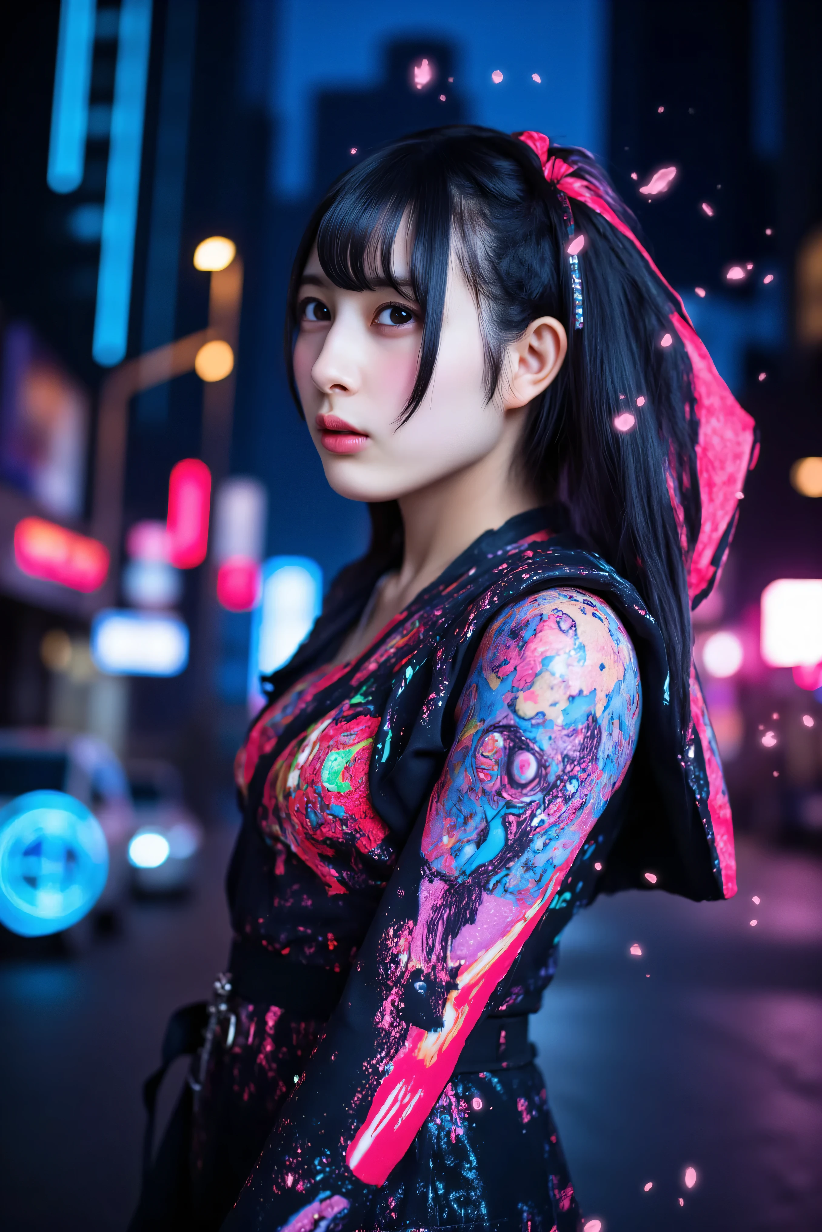 Photorealistic 3D portrait Samurai Alien Mech Angels in Goth Folk Kawaii Festival Raver outfit in DMT black Light Neon Fashion Street Tokyo city Night 35mm film, Akira Anime.