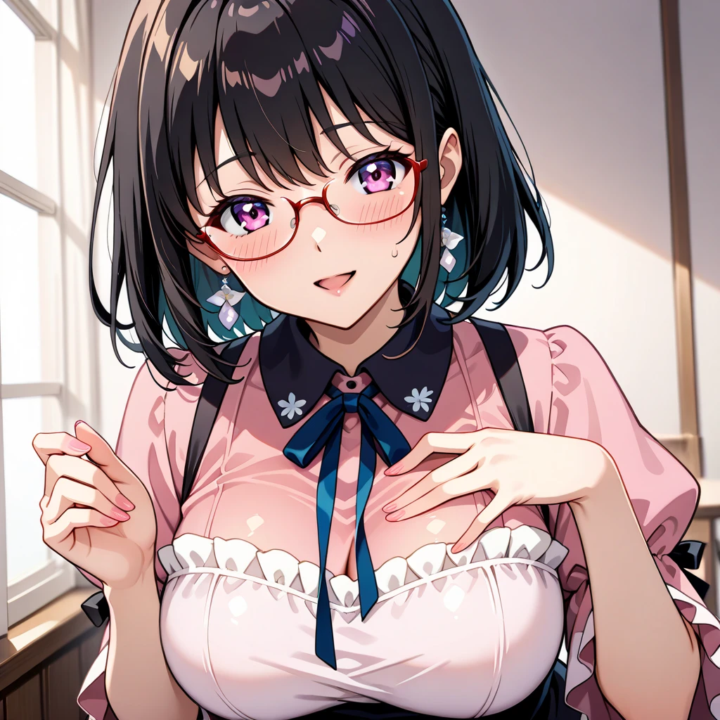 NSFW、1 Female、Brown hair、Brown Eyes、Best Quality、Super detailed、8 Resolution、Raw photo、Mastepiece、Perfect Body、high resolution、Highest quality、Detailed drawing、Vibrant colors、lure、Long Hair、Black-rimmed glasses、Captivating breasts、Big Breasts、sexy、Black kimono、Japanese-style room