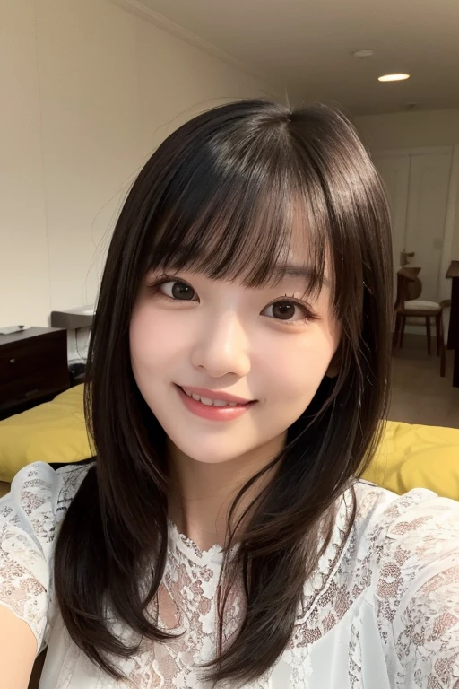 ((Highest quality)), ((masterpiece)), (detailed), Japanese, Age 25, Beauty, Front face, sexy,Face close-up,smile,Long Black Hair、With bangs、White dress、Inside the room