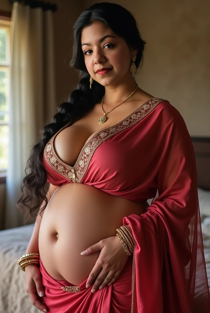 masterpiece, elegant. Ultra-fine details, masterpieces, realistic textures, realistic cinematic lighting, perfect work, 8k, HD, delicate facial features, (upper body, pregnant belly, big boobs, light pubic hair), smile, (Japanese idol:1.2), Professional lighting,
Maroon velvet saree with intricate gold embroidery, Opulent, Grand Indian wedding hall, Festive celebration ambiance.