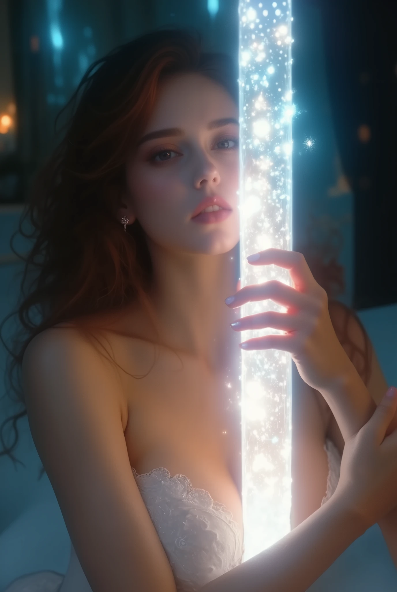 fantasy anime style, beautiful busty woman, only her own elegant hands stacked together, gently and sensually embracing a glowing cylindrical rod, 20 centimeters long and 5 centimeters in diameter, glowing intensely with pure radiant divine light, cylindrical shape softly blurred by the intense glow, rising upward from outside the bottom of the frame, extreme close-up on her elegant hands and glowing cylindrical rod, hands are the main focus, background softly blurred showing busty woman smiling gracefully, cleavage visible, ethereal divine atmosphere, cinematic fantasy lighting, ultra detailed and expressive, elegant and symbolic erotic composition --v 5 --ar 16:9