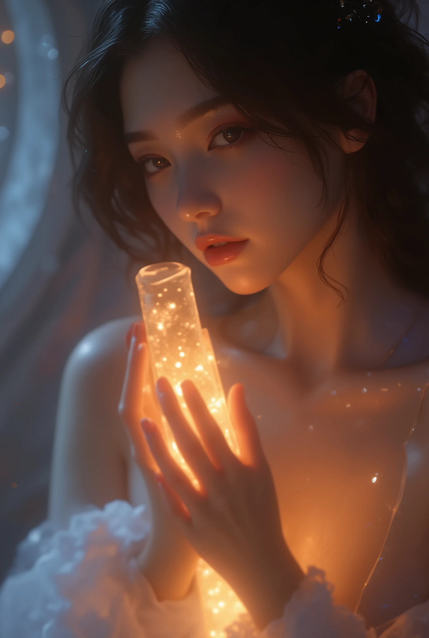 fantasy anime style, beautiful busty woman, only her own elegant hands stacked together, gently and sensually embracing a glowing cylindrical rod, 20 centimeters long and 5 centimeters in diameter, glowing intensely with pure radiant divine light, cylindrical shape softly blurred by the intense glow, rising upward from outside the bottom of the frame, extreme close-up on her elegant hands and glowing cylindrical rod, hands are the main focus, background softly blurred showing busty woman smiling gracefully, cleavage visible, ethereal divine atmosphere, cinematic fantasy lighting, ultra detailed and expressive, elegant and symbolic erotic composition --v 5 --ar 16:9