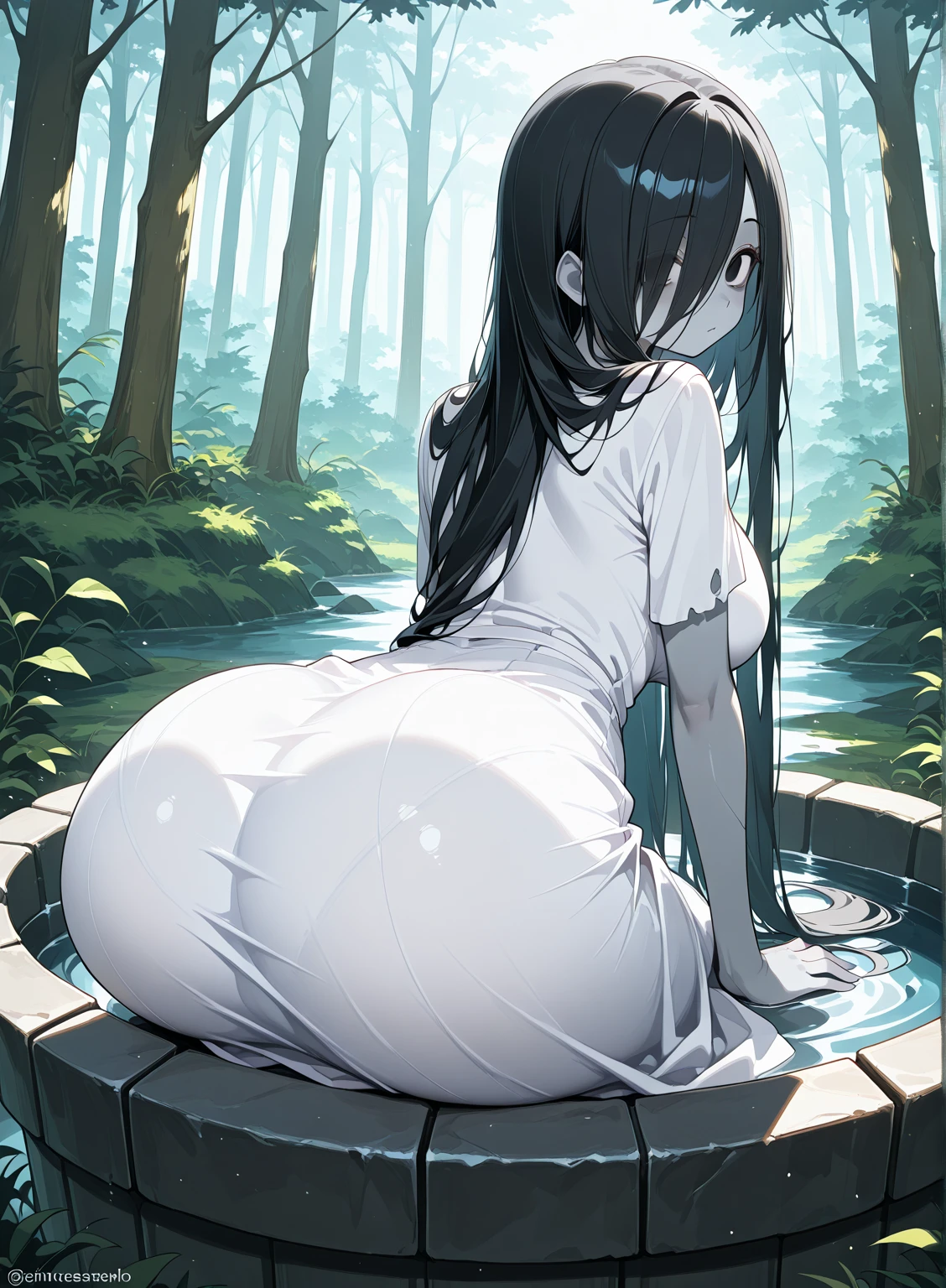 cute dog girl, nsfw, (((showering in a waterfall))), (((((nude))))), ((viewed from behind)), ((((((((bending all the way over)))))))), ((((ass up)))), (((((looking back at viewer))))), ((((((extreme embarrassed expression))))), ((grey eyes)), (((((hand covering ass))))), (((focal point))), ((full body shot)), ((dynamic angle)), (((long hair))), (black hair, wet and shiny), (dog ears), (dog tail), (black dog collar), ((detailed water droplets, sunlight filtering through trees)), ((dynamic and beautiful lighting)), BREAK, masterpiece, UHD, detailed and high quality, serene atmosphere, vibrant colors, flowing water, detailed background, intricate details, natural beauty