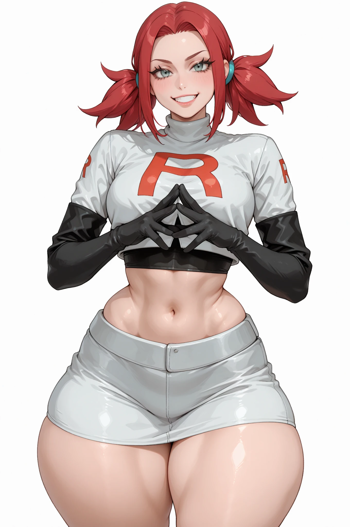 Cassidy aesthetic, white gloves, high heels, (aletta ocean face), (puffy lips), FernFrieren, ((tight black skirt)), thong under skirt, ((v cut abs, slendered abs)), very long hair, ((orange hair)), eyes, ( pupils), (black top), giant letter R on top, ((long white boots)), ((over thigh boots)), looking down, ((black team rocket uniform:1.3)), straight-on, expressionless, (detailed face), arms spread out, standing for battle, looking at viewer, (gigantic breasts:1.4), ultra detailed, masterpiece, best quality, aesthetic, detailed, hair, thick thighs, small feet,small waist