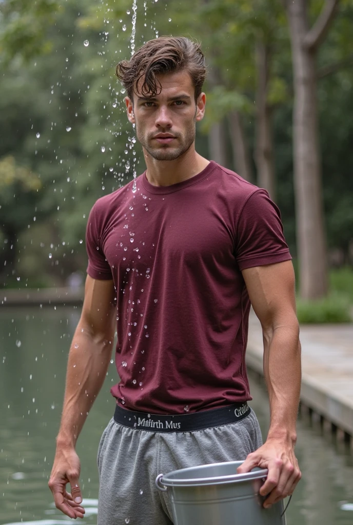 a lean 19-year old caucasian boy wearing a white boxers, short brown hair, youthful face, drenched in sweat, sweating profusely, in the garden