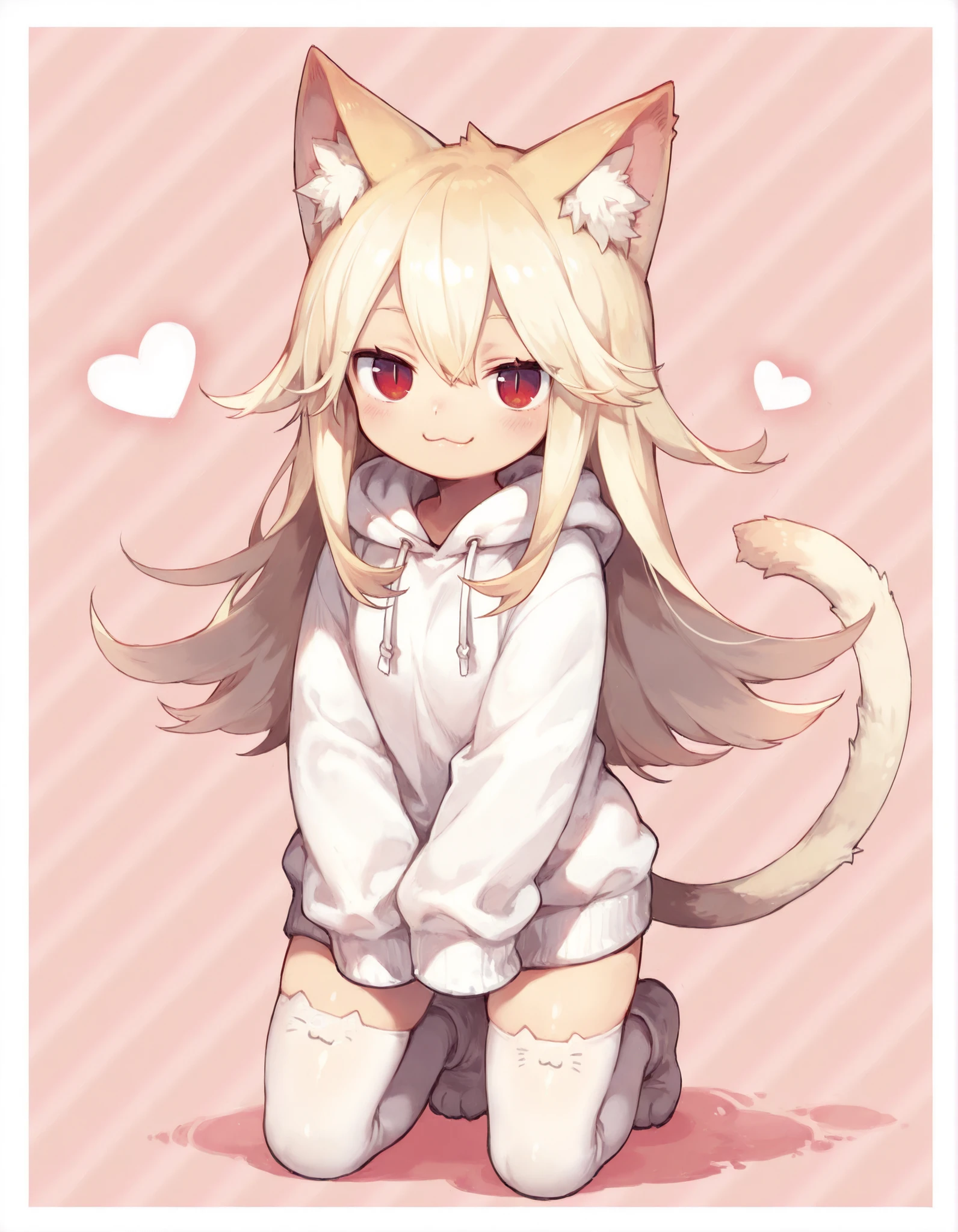 masterpiece, best quality, very aesthetic, 1girl,, solo, Moge-ko,Moge-ko girl,long hair,blonde hair,red eyes,animal ears,
1girl,:3, animal ear fluff,animal ears,blonde hair,border,cat ears,cat girl,cat tail,closed mouth,full body,heart,hood,hood down,hoodie,kneeling,long sleeves,looking at viewer,pink background,red eyes,sleeves past fingers,sleeves past wrists,slit pupils,smile,solo,striped background,white hoodie,white sweater,white thighhighs,