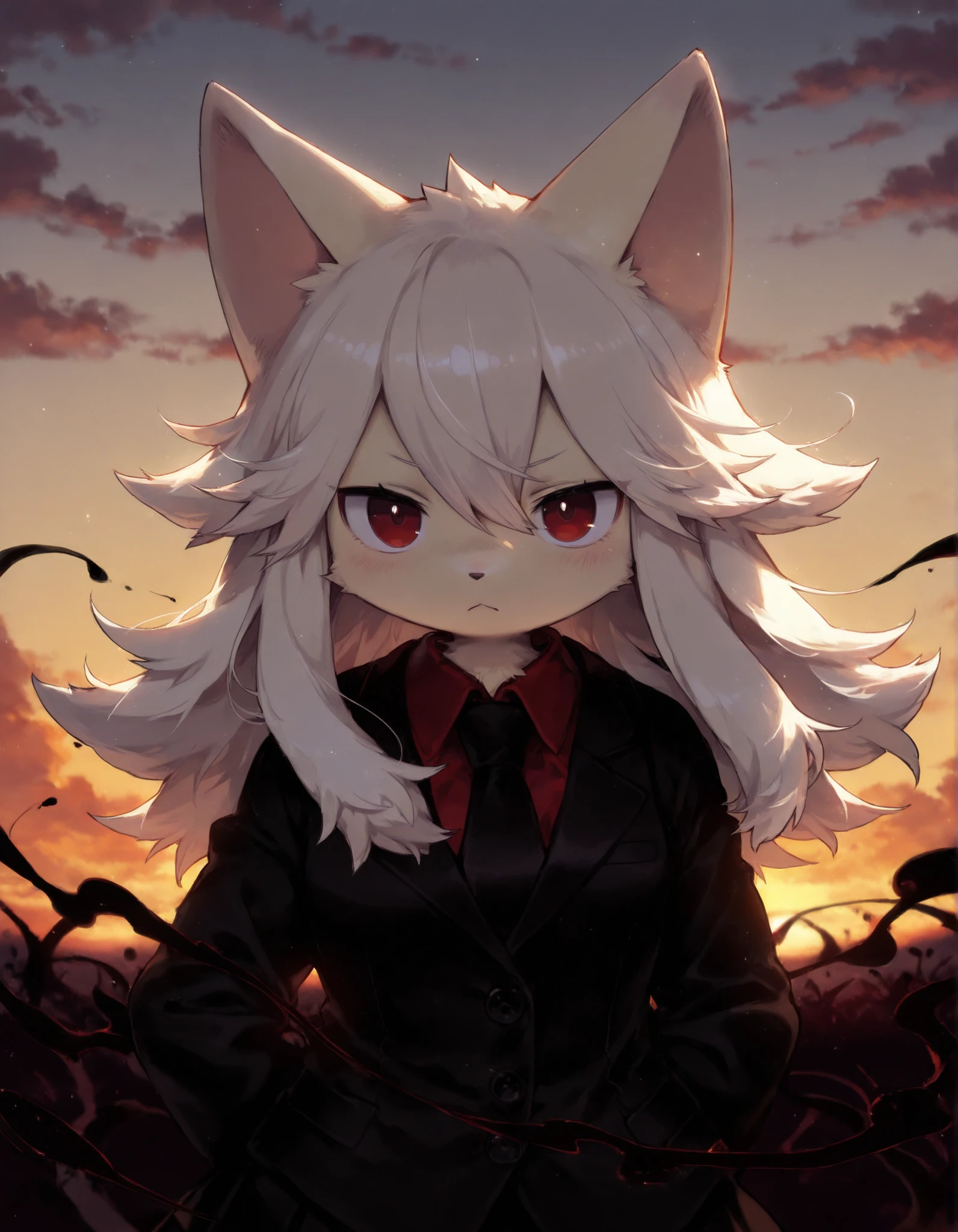 masterpiece, best quality, very aesthetic, furry,, solo, Moge-ko,  fur hair, red eyes, animal ears, cat_ears,, evening, darkness, looking at viewer, 