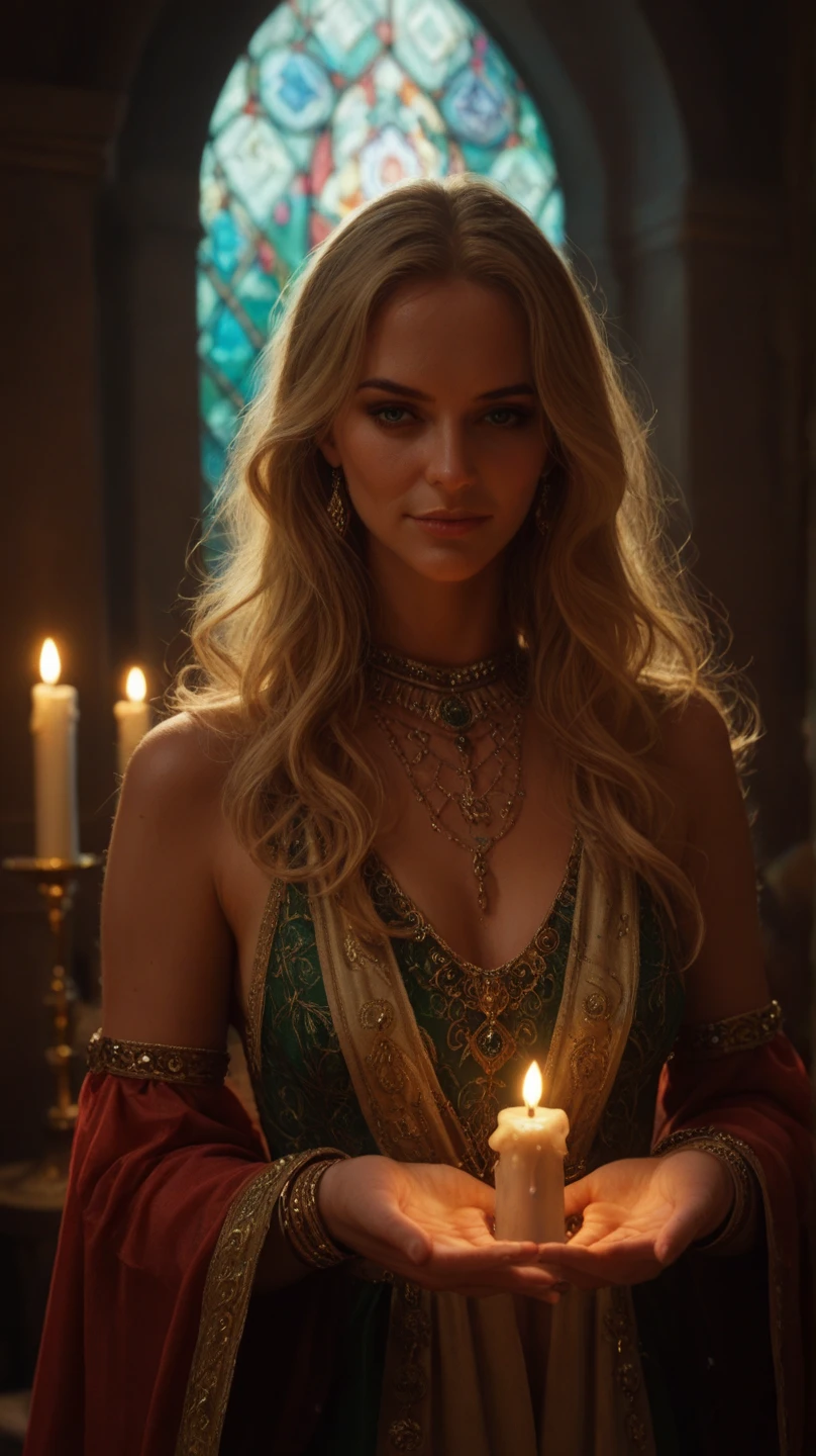 (Best quality, Ultra-detailed, Golden ratio, Masterpiece: 1.1),
Film noir lighting: 0.8,
Photo of a blonde woman,
Draped in a flowing robe,
Perfectly sculpted face,
(Highly detailed skin texture),
Long blonde hair cascading down her back,
Eyes sparkling with intrigue,
Smoky eyes accentuating her natural beauty,
Corner of her mouth slightly upturned,
Velvet texture of her robe,
Soft focus on her features,
Subtle shimmer in the robe fabric,
Dramatic shadows creating depth,
Phot