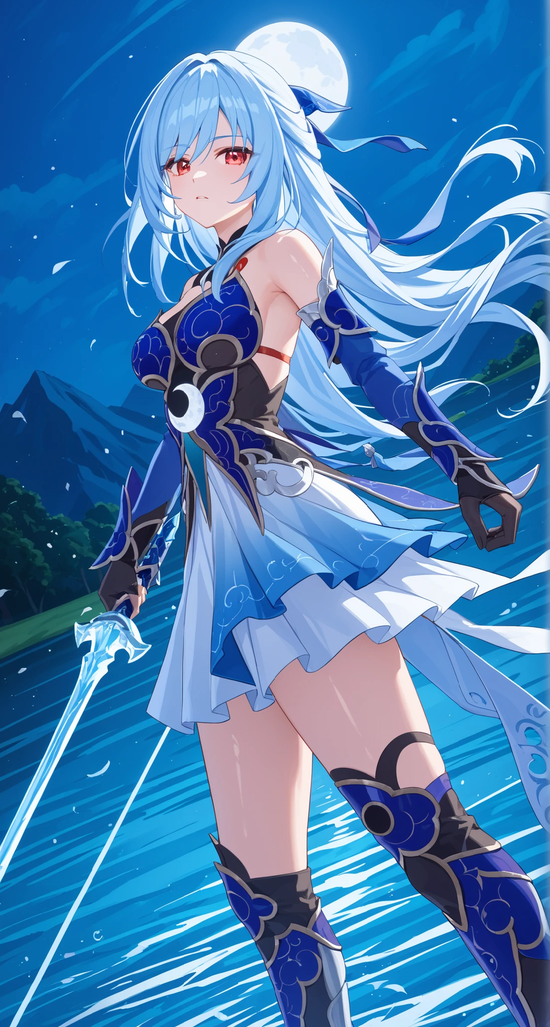 nsfw,Jingliu,glass cover,side shot,alternate color,masterpiece,detailed illustration,lifelike,{{{1Jingliu}}},shiny beautiful woman,cinematic lighting,dynamic angle,dynamic pose,depth of field,looking at viewer,1girl,jgsd,red eyes,blue armored dress,white skirt,tassels,hair ribbon,black gloves,blue sleeves,armored boots,light blue skirt,lake,night,midnight sky,crescent moon,fighting stance,holding an Ice sword,expressionless,standing,contrapposto,arched back,open legs