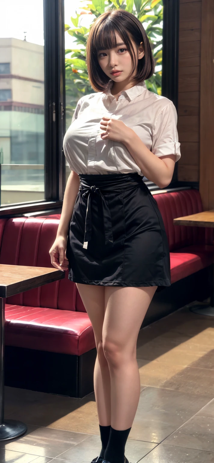 (RAWphotograph, Highest quality, Tabletop: 1.2), (photograph: 1.4), whole body, shoes, Cute Japanese Face, ((18-year-old)), (((small: 1.6)) chest,), (Naked Apron:1.2, Open Side:1.2, Short skirt, mini skirt, Thin legs, 白いshoes下, School Loafers), Standing pose, whole bodyショット, sight (smile)，Skirt rip，Interstrand，Shaven