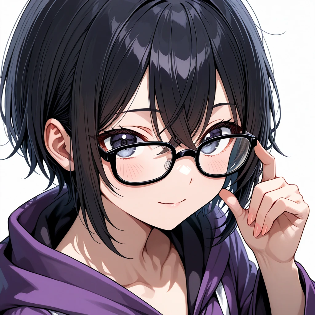 a woman in anime costume holding a big black rubber tube with a peace sign, 1girl, breasts, solo, black hair, purple eyes, v, glasses, underboob, round eyewear, looking at viewer