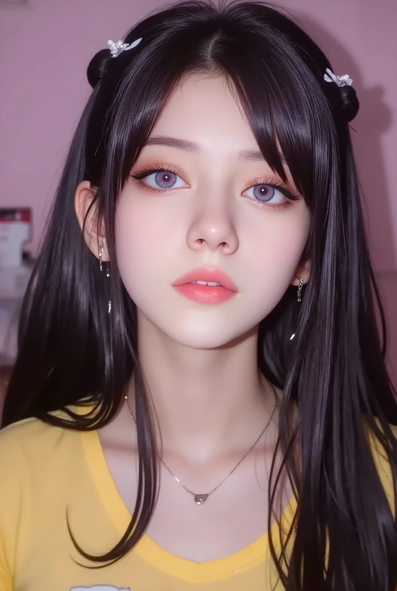 photorealistic,Realistic illustration in Modelshoot style,((masterpiece)),((The best quality)),((Ultra Quality)),((ultra detailed)),((1girl long white hair)),((Only)),((waifu:1.5)),Perfect anatomy,perfect hands,beautiful cuerpo,beautiful_method,ulzzang-6500-v1,e-chica,Exceptionally Beauty Waifu, perfect figure beautiful woman:1.4, Cocked buttocks:1.2, ((Random Long Thick Hairstyle) ((Brown Wavy Hair In Big Curls))(Long white legs:1.3,(Crop Top With Jean Shorts:1.2) , (inside in room: 1.2), Highly detailed facial and skin texture, A detailed eye, double eyelid,Whiten skin,(Straight big breasts:1.3), looking at camera, Wear a necklace, HDR, epic realism, high-octane rendering, obra de arte,,((bright-pink_eyes)),long wavy hair,hair clips,eyeliner,cute makeup,lipstick,Glossy lipstick,with a look of terror, worry and sadness,((eyes detallados perfectos)),rainy with fog outside,evening,pink theme,bioluminiscencia,light particles,((Extremely CG Unity 8K Wallpaper)),((cinematic lighting,Best quality lights)),intricate details,Suave,sharp focus,Extremely beautiful and aesthetic,Octane rendering,Full length portrait,damp skin,((Perfect detailed body)),