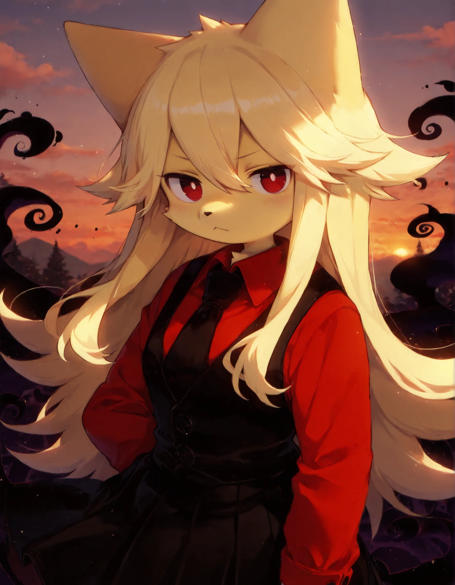 venison style,, masterpiece, best quality, very aesthetic, furry,, solo, Moge-ko, long hair, blonde hair, fur hair, red eyes, animal ears, cat_ears,, evening, darkness, looking at viewer,