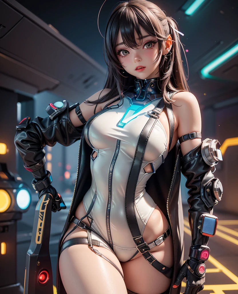 Future city, universe, technology, magic, reality, cute woman (sheer body suit with blinking lights, no underwear), starry eyed sight seer