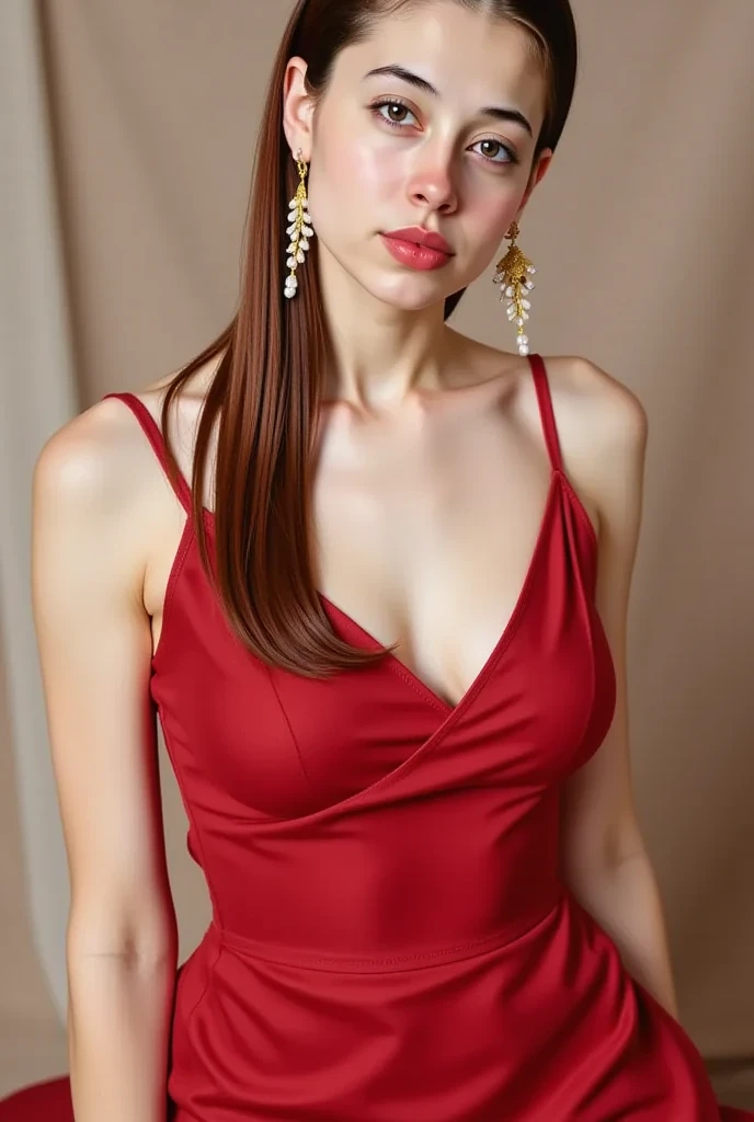 A woman, Realistic, Photorealistic, 8K, Masterpiece, Best Quality, High Definition, Live Action, RAW Photo, Single Woman, Beautiful Body,Cleavage, Sexy, red Competitive Swimsuit, 